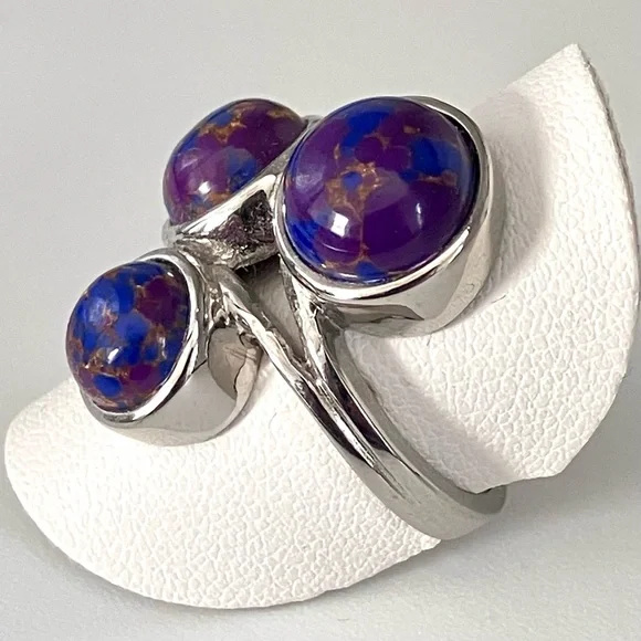 Mojave purple turquoise, multi-stone Cabochon ring in stainless steel - Picture 3 of 9